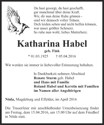 Traueranzeige von Katharina Habel von Thüringer Allgemeine, Thüringische Landeszeitung