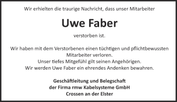 Traueranzeige von Uwe Faber von Ostthüringer Zeitung