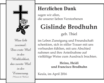 Traueranzeige von Gislinde Brodhuhn von Thüringer Allgemeine, Thüringische Landeszeitung