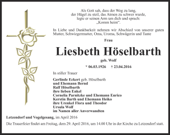 Traueranzeige von Liesbeth Höselbarth von Ostthüringer Zeitung