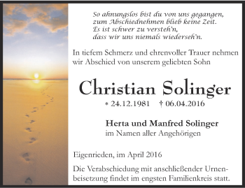 Traueranzeige von Christian Solinger von Thüringer Allgemeine, Thüringische Landeszeitung