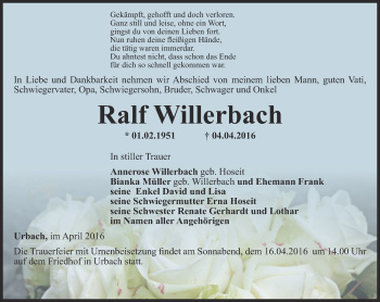 Traueranzeige von Ralf Willerbach von Thüringer Allgemeine