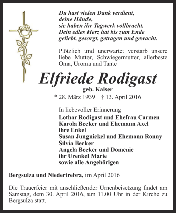 Traueranzeige von Elfriede Rodigast von Thüringer Allgemeine, Thüringische Landeszeitung