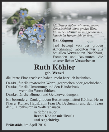 Traueranzeige von Ruth Köhler von Ostthüringer Zeitung, Thüringische Landeszeitung