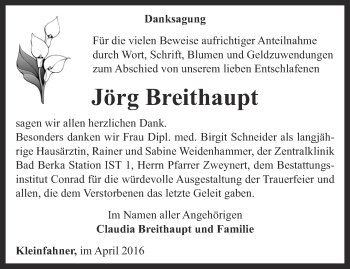 Traueranzeige von Jörg Breithaupt von Thüringer Allgemeine, Thüringische Landeszeitung