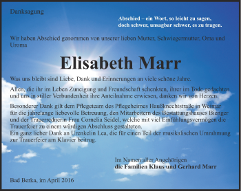 Traueranzeige von Elisabeth Marr von Thüringer Allgemeine, Thüringische Landeszeitung