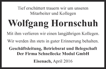 Traueranzeige von Wolfgang Hornschuh von Thüringer Allgemeine, Thüringische Landeszeitung