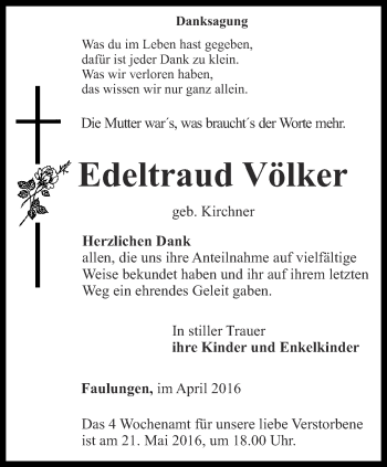 Traueranzeige von Edeltraud Völker von Thüringer Allgemeine, Thüringische Landeszeitung