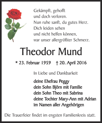 Traueranzeige von Theodor Mund von Thüringer Allgemeine, Thüringische Landeszeitung