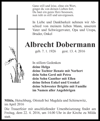 Traueranzeige von Albrecht Dobermann von Ostthüringer Zeitung, Thüringische Landeszeitung