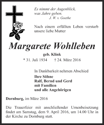 Traueranzeige von Margarte Wohlleben von Ostthüringer Zeitung, Thüringische Landeszeitung