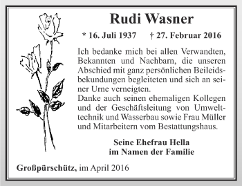 Traueranzeige von Rudi Wasner von Ostthüringer Zeitung, Thüringische Landeszeitung