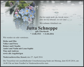 Traueranzeige von Jutta Schneppe von Thüringer Allgemeine