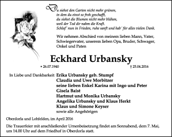 Traueranzeige von Eckhard Urbansky von Thüringer Allgemeine, Thüringische Landeszeitung