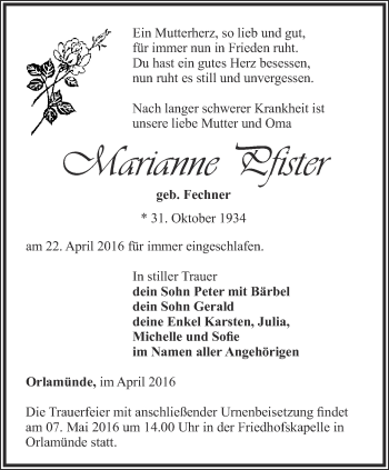 Traueranzeige von Marianne Pfister von Ostthüringer Zeitung, Thüringische Landeszeitung