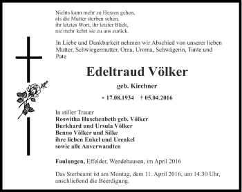 Traueranzeige von Edeltraud Völker von Thüringer Allgemeine, Thüringische Landeszeitung
