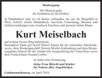 Traueranzeige von Kurt Meiselbach von Thüringer Allgemeine