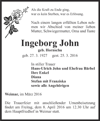 Traueranzeige von Ingeborg John von Thüringer Allgemeine, Thüringische Landeszeitung