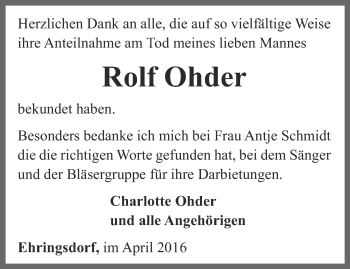 Traueranzeige von Rolf Ohder von Thüringer Allgemeine, Thüringische Landeszeitung