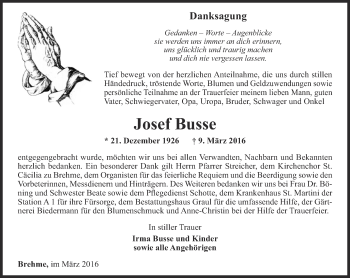 Traueranzeige von Josef Busse von Thüringer Allgemeine