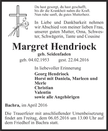 Traueranzeige von Margret Hendriock von Thüringer Allgemeine