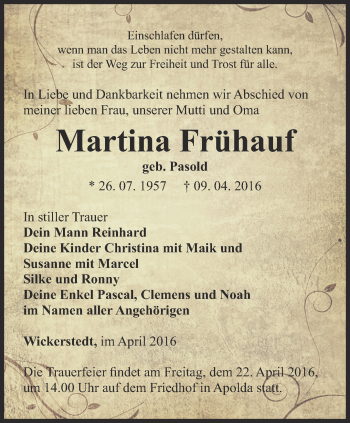 Traueranzeige von Martina Frühauf von Thüringer Allgemeine, Thüringische Landeszeitung