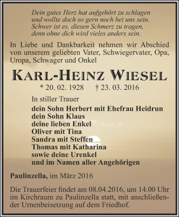 Traueranzeige von Karl-Heinz Wiesel von Ostthüringer Zeitung