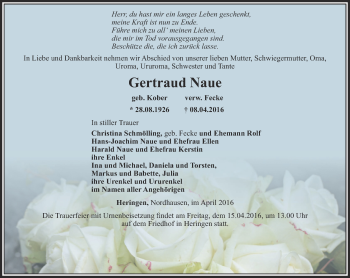 Traueranzeige von Gertraud Naue von Thüringer Allgemeine