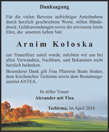 Traueranzeige von Arnim Koloska von Ostthüringer Zeitung