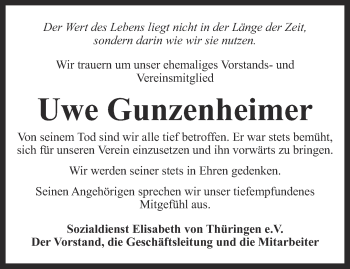 Traueranzeige von Uwe Gunzenheimer von Ostthüringer Zeitung