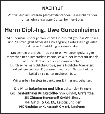 Traueranzeige von Uwe Gunzenheimer von Ostthüringer Zeitung