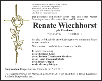 Traueranzeige von Renate Wiechhorst von Thüringer Allgemeine