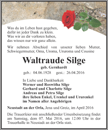Traueranzeige von Waltraude Silge von Ostthüringer Zeitung