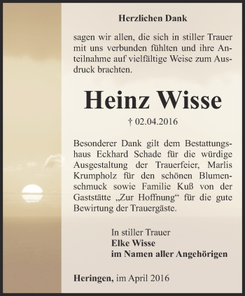 Traueranzeige von Heinz Wisse von Thüringer Allgemeine