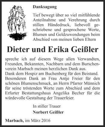 Traueranzeige von Dieter und Erika Geißler von Thüringer Allgemeine, Thüringische Landeszeitung