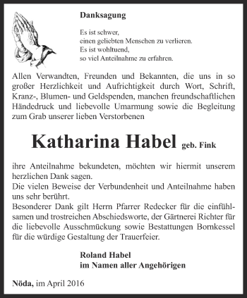 Traueranzeige von Katharina Habel von Thüringer Allgemeine, Thüringische Landeszeitung