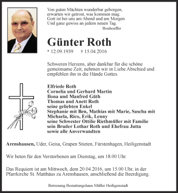 Traueranzeige von Günter Roth von Thüringer Allgemeine