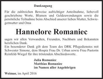 Traueranzeige von Hannelore Romaniec von Thüringer Allgemeine, Thüringische Landeszeitung