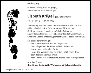 Traueranzeige von Elsbeth Krügel von Thüringer Allgemeine