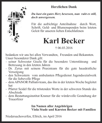 Traueranzeige von Karl Becker von Thüringer Allgemeine
