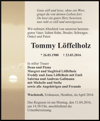 Traueranzeige von Tommy Löffelholz von Thüringer Allgemeine