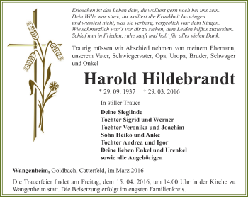 Traueranzeige von Harold Hildebrandt von Ostthüringer Zeitung, Thüringische Landeszeitung