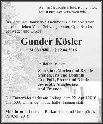 Traueranzeige von Gunder Kösler von Thüringer Allgemeine