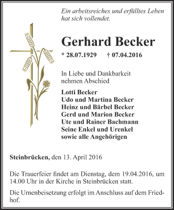 Traueranzeige von Gerhard Becker von Thüringer Allgemeine