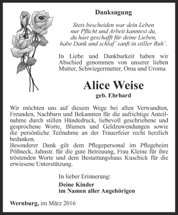 Traueranzeige von Alice Weise von Ostthüringer Zeitung