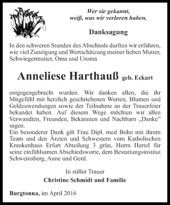 Traueranzeige von Anneliese Harthauß von Thüringer Allgemeine, Thüringische Landeszeitung