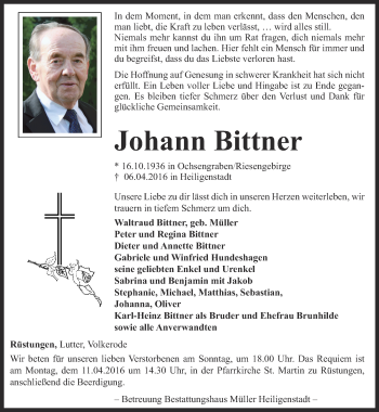Traueranzeige von Johann Bittner von Thüringer Allgemeine