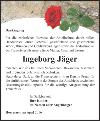 Traueranzeige von Ingeborg Jäger von Thüringer Allgemeine, Thüringische Landeszeitung