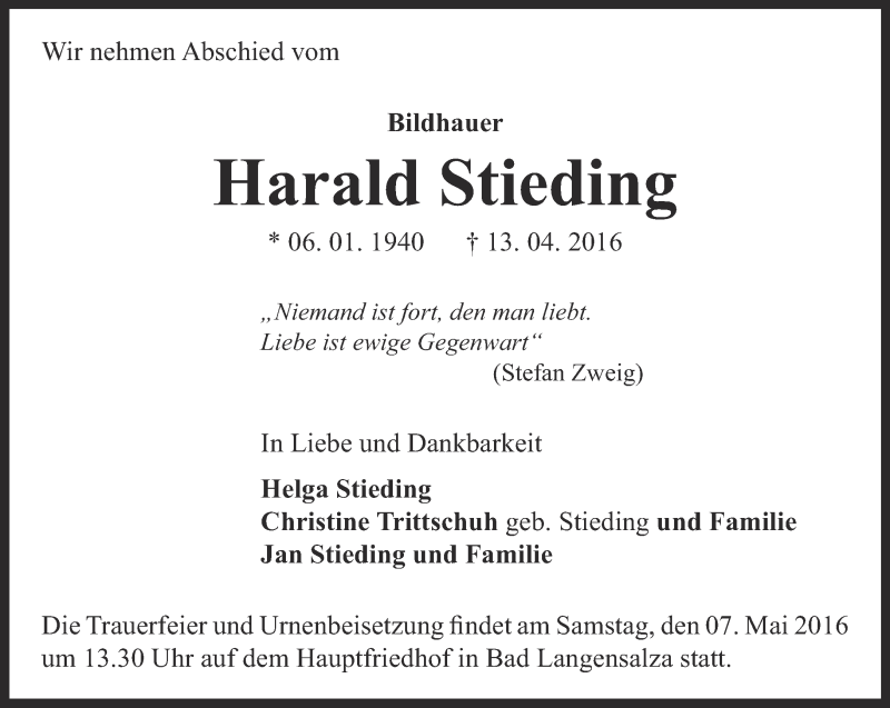  Traueranzeige für Harald Stieding vom 29.04.2016 aus Thüringer Allgemeine, Thüringische Landeszeitung