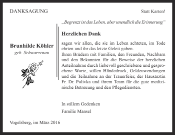 Traueranzeige von Brunhilde Köhler von Thüringer Allgemeine